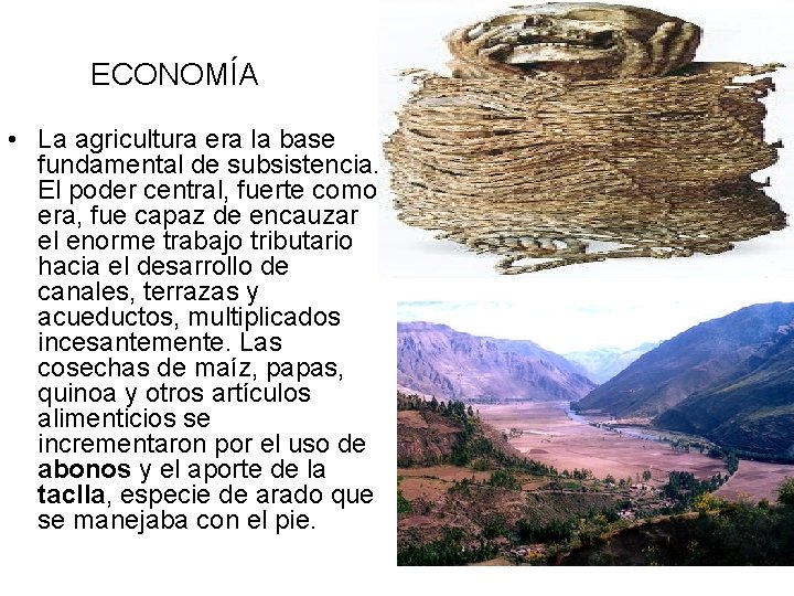 ECONOMÍA • La agricultura era la base fundamental de subsistencia. El poder central, fuerte