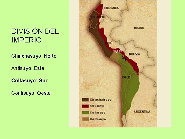 DIVISIÓN DEL IMPERIO Chinchasuyo: Norte Antisuyo: Este Collasuyo: Sur Contisuyo: Oeste 