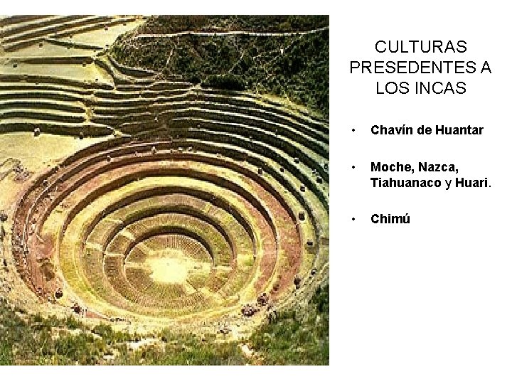 CULTURAS PRESEDENTES A LOS INCAS • Chavín de Huantar • Moche, Nazca, Tiahuanaco y