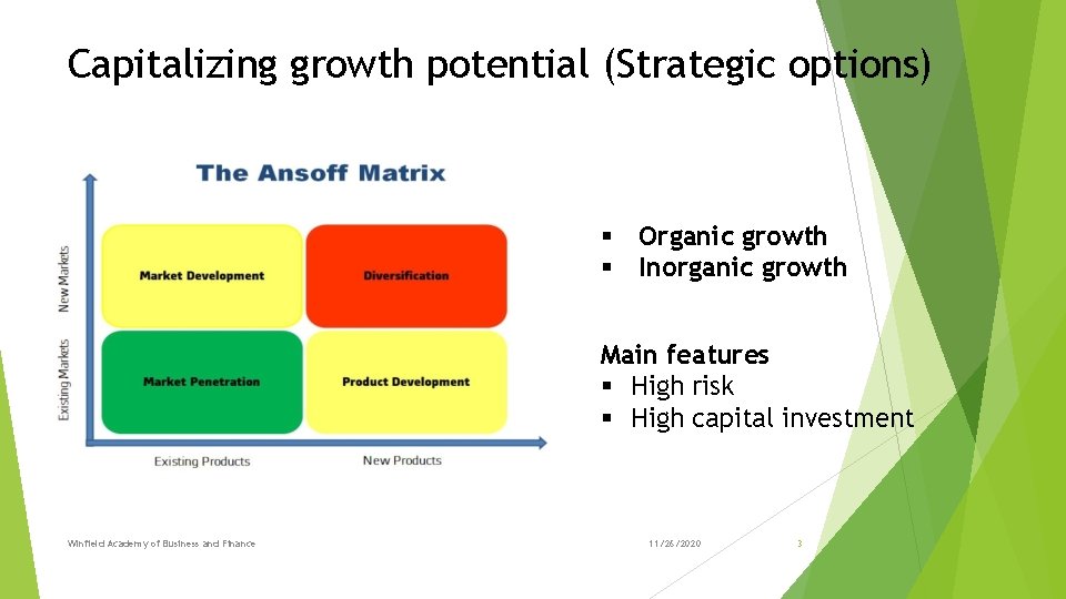 Capitalizing growth potential (Strategic options) § Organic growth § Inorganic growth Main features §