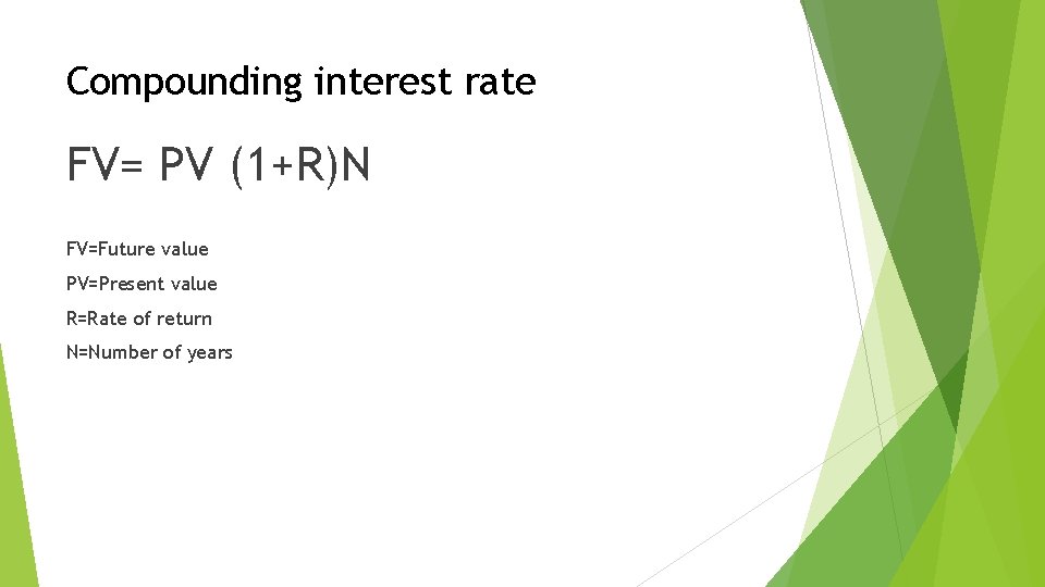 Compounding interest rate FV= PV (1+R)N FV=Future value PV=Present value R=Rate of return N=Number