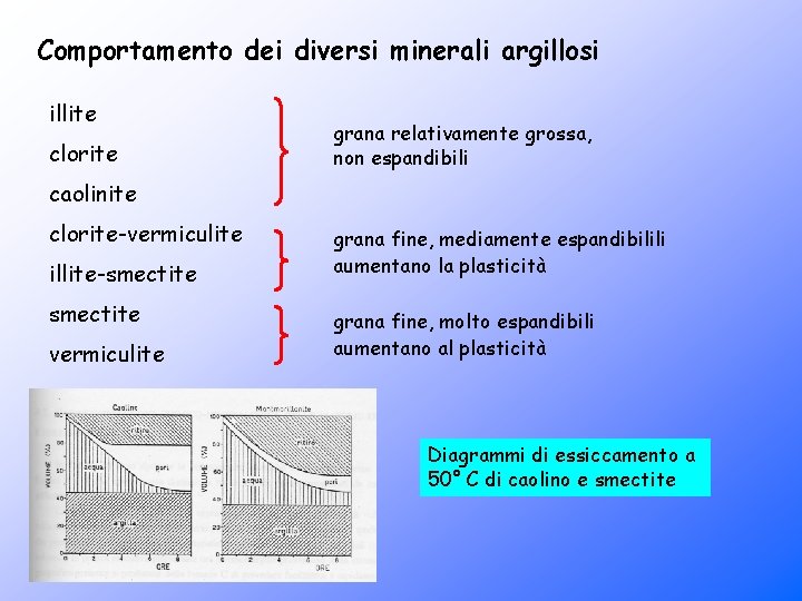 Comportamento dei diversi minerali argillosi illite clorite grana relativamente grossa, non espandibili caolinite clorite-vermiculite