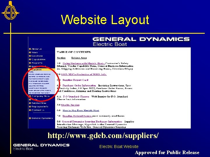 Website Layout http: //www. gdeb. com/suppliers/ Electric Boat Website Approved for Public Release Website Layout http: //www. gdeb. com/suppliers/ Electric Boat Website Approved for Public Release
