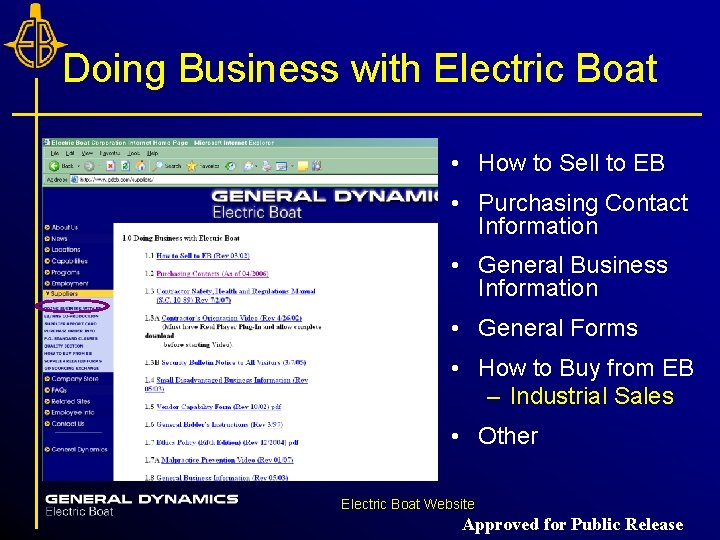 Doing Business with Electric Boat • How to Sell to EB • Purchasing Contact Doing Business with Electric Boat • How to Sell to EB • Purchasing Contact