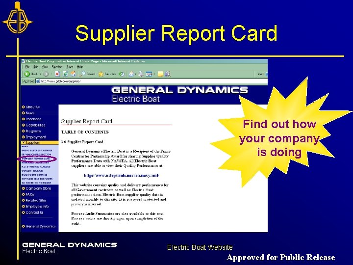 Supplier Report Card Find out how your company is doing Electric Boat Website Approved Supplier Report Card Find out how your company is doing Electric Boat Website Approved