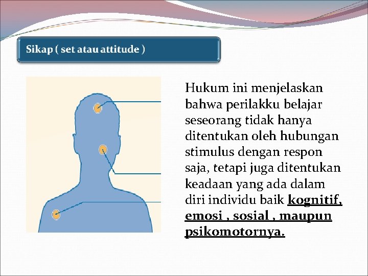 Hukum ini menjelaskan bahwa perilakku belajar seseorang tidak hanya ditentukan oleh hubungan stimulus dengan Hukum ini menjelaskan bahwa perilakku belajar seseorang tidak hanya ditentukan oleh hubungan stimulus dengan