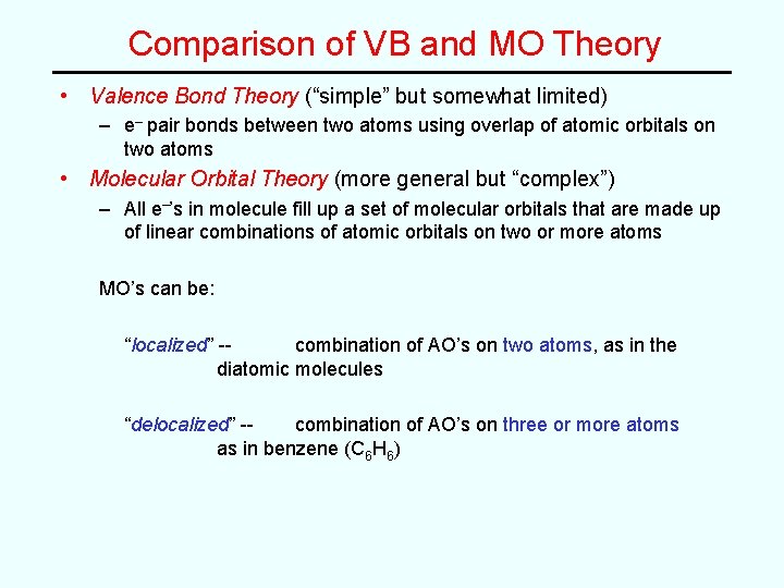 Comparison of VB and MO Theory • Valence Bond Theory (“simple” but somewhat limited)