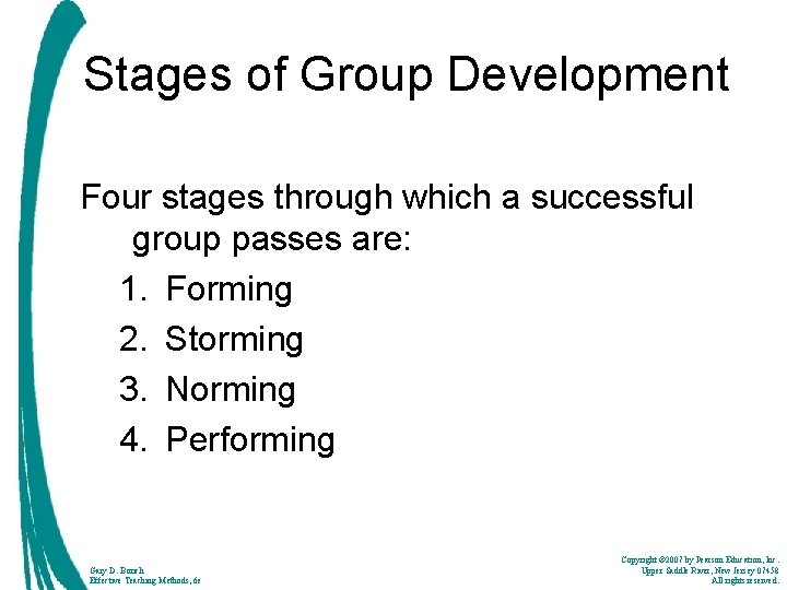 Stages of Group Development Four stages through which a successful group passes are: 1.