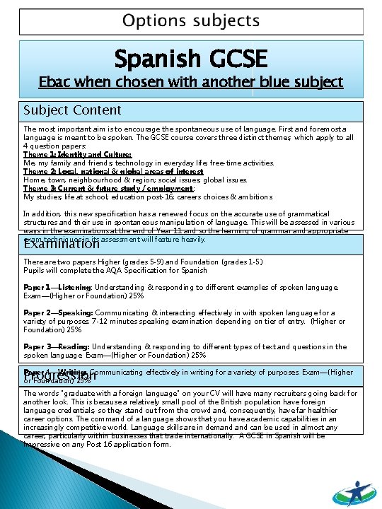 Spanish GCSE Ebac when chosen with another blue subject Subject Content The most important