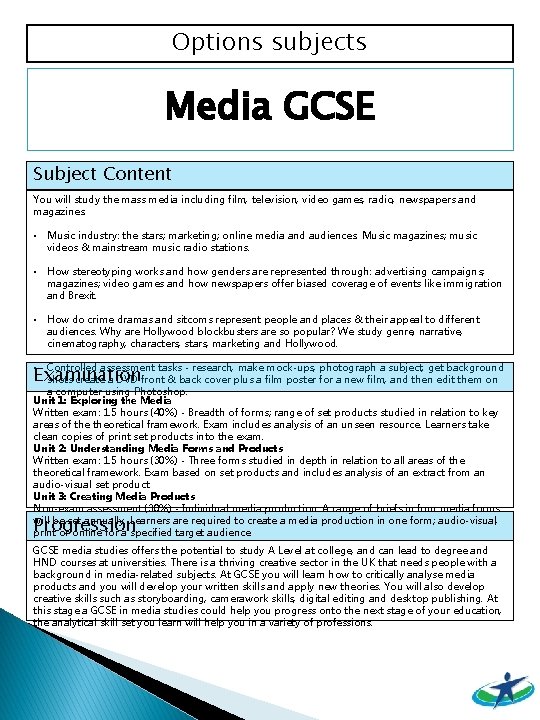 Options subjects Media GCSE Subject Content You will study the mass media including film,