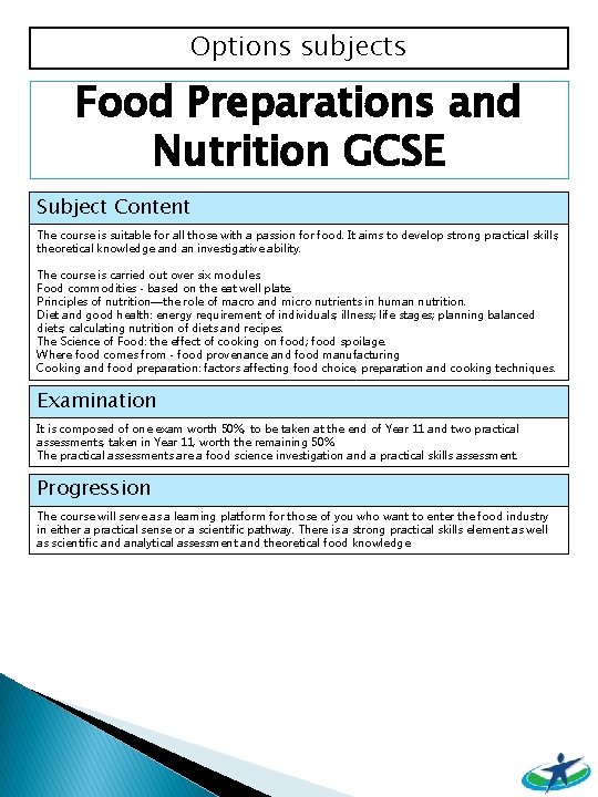 Options subjects Food Preparations and Nutrition GCSE Subject Content The course is suitable for