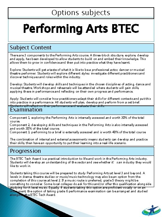 Options subjects Performing Arts BTEC Subject Content There are 3 components to the Performing