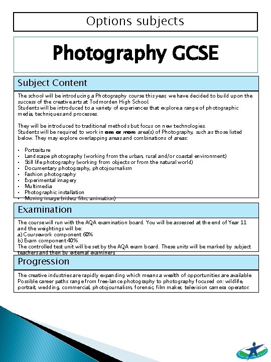 Options subjects Photography GCSE Subject Content The school will be introducing a Photography course