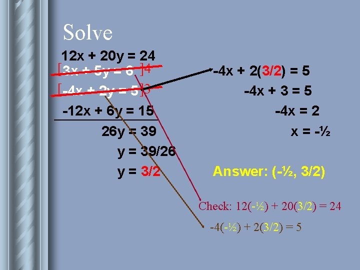 Solve 12 x + 20 y = 24 [ 3 x + 5 y
