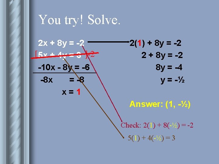 You try! Solve. 2 x + 8 y = -2 [ 5 x +