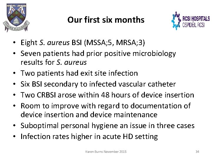 Our first six months • Eight S. aureus BSI (MSSA; 5, MRSA; 3) •