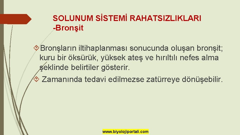 SOLUNUM SİSTEMİ RAHATSIZLIKLARI -Bronşit Bronşların iltihaplanması sonucunda oluşan bronşit; kuru bir öksürük, yüksek ateş SOLUNUM SİSTEMİ RAHATSIZLIKLARI -Bronşit Bronşların iltihaplanması sonucunda oluşan bronşit; kuru bir öksürük, yüksek ateş