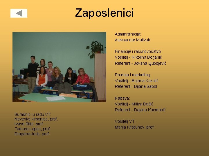 Zaposlenici Administracija: Aleksandar Malivuk Financije i računovodstvo: Voditelj - Nikolina Borjanić Referent - Jovana