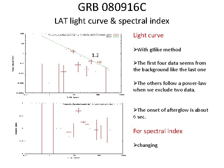 GRB 080916 C LAT light curve & spectral index Light curve 1. 2 ØWith