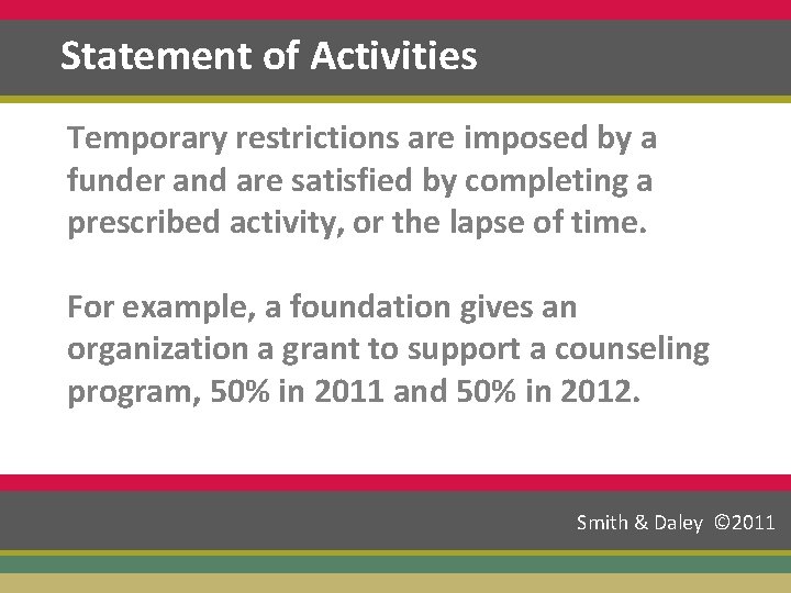 Statement of Activities Temporary restrictions are imposed by a funder and are satisfied by