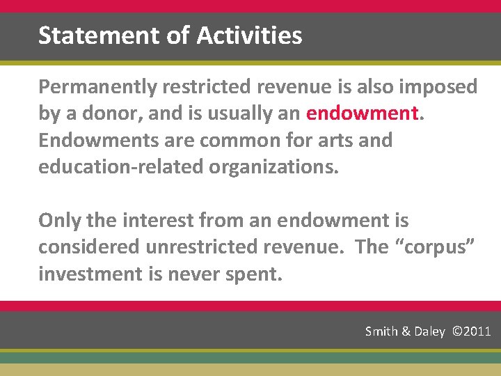 Statement of Activities Permanently restricted revenue is also imposed by a donor, and is