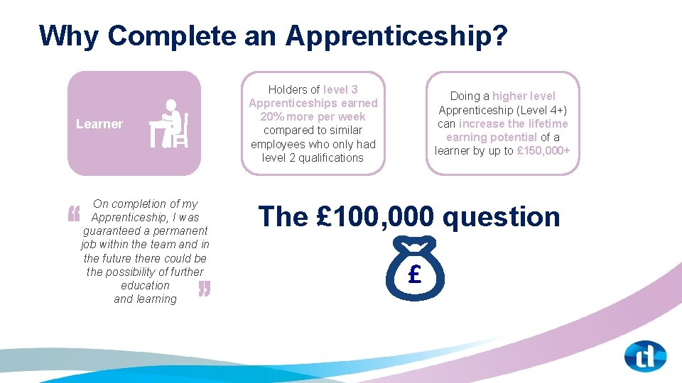 Why Complete an Apprenticeship? Learner On completion of my Apprenticeship, I was guaranteed a