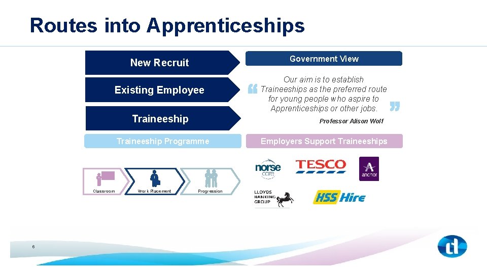 Routes into Apprenticeships Government View New Recruit Existing Employee Traineeship Professor Alison Wolf Traineeship