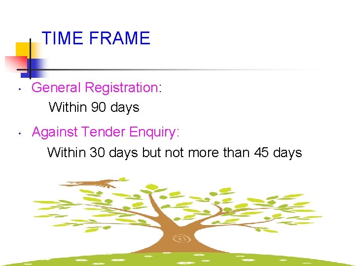 TIME FRAME General Registration: Within 90 days • • Against Tender Enquiry: Within 30