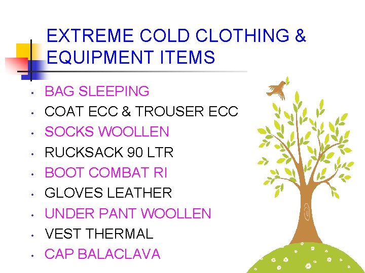 EXTREME COLD CLOTHING & EQUIPMENT ITEMS • • • BAG SLEEPING COAT ECC &