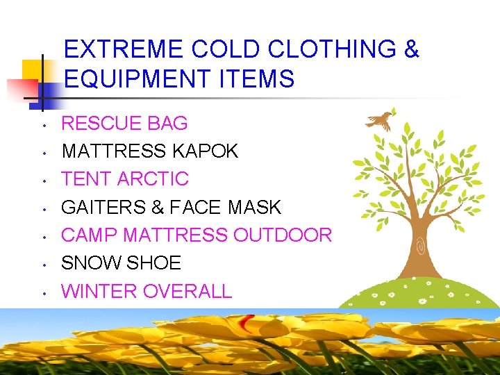 EXTREME COLD CLOTHING & EQUIPMENT ITEMS • • RESCUE BAG MATTRESS KAPOK TENT ARCTIC