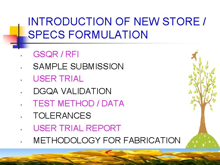 INTRODUCTION OF NEW STORE / SPECS FORMULATION • • GSQR / RFI SAMPLE SUBMISSION