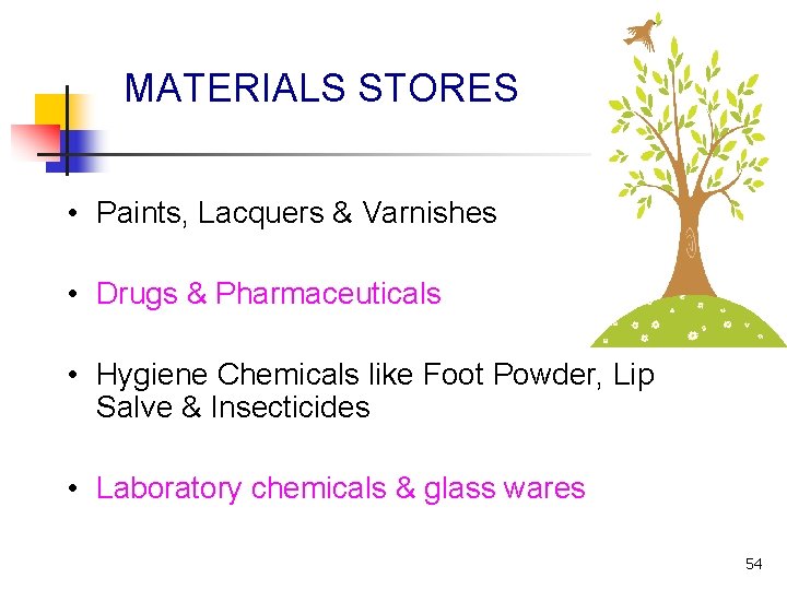 MATERIALS STORES • Paints, Lacquers & Varnishes • Drugs & Pharmaceuticals • Hygiene Chemicals