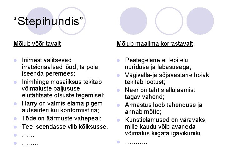 “Stepihundis” Mõjub võõritavalt l l l l Inimest valitsevad irratsionaalsed jõud, ta pole iseenda
