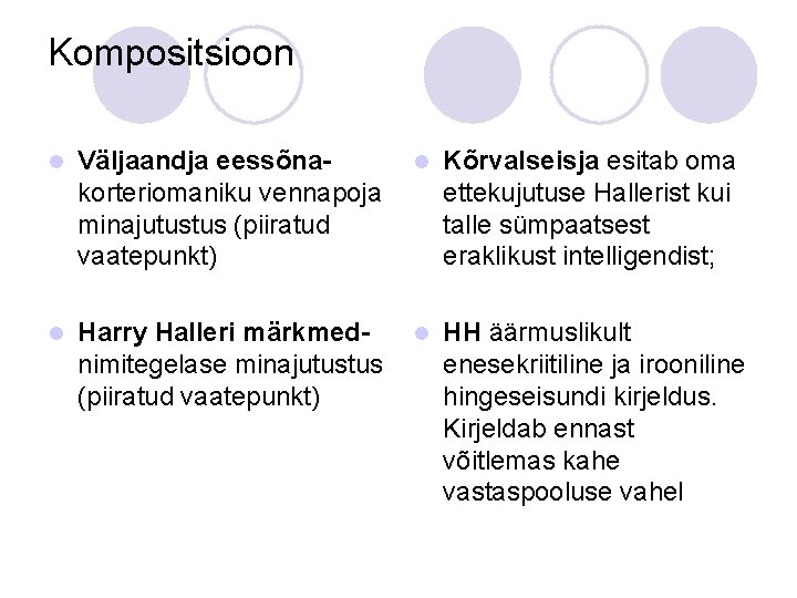 Kompositsioon l Väljaandja eessõnakorteriomaniku vennapoja minajutustus (piiratud vaatepunkt) l Kõrvalseisja esitab oma ettekujutuse Hallerist