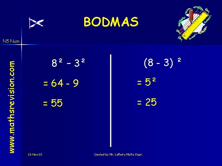 BODMAS www. mathsrevision. com N 5 Num (8 - 3) ² 8² – 3²