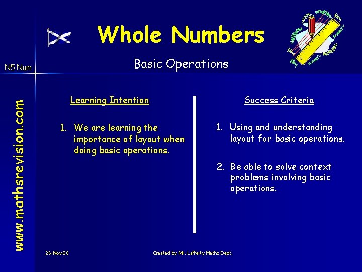 Whole Numbers Basic Operations www. mathsrevision. com N 5 Num Learning Intention Success Criteria