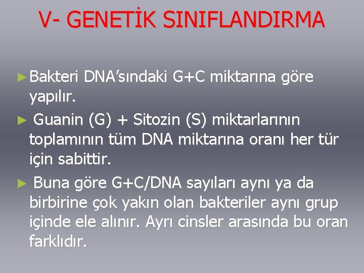 V- GENETİK SINIFLANDIRMA ► Bakteri DNA’sındaki G+C miktarına göre yapılır. ► Guanin (G) +