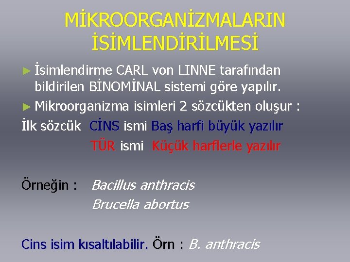 MİKROORGANİZMALARIN İSİMLENDİRİLMESİ ► İsimlendirme CARL von LINNE tarafından bildirilen BİNOMİNAL sistemi göre yapılır. ►