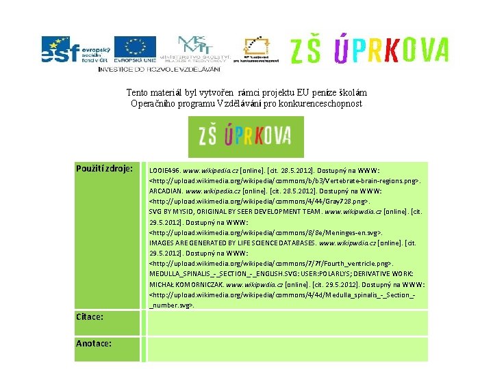 Tento materiál byl vytvořen rámci projektu EU peníze školám Operačního programu Vzdělávání pro konkurenceschopnost