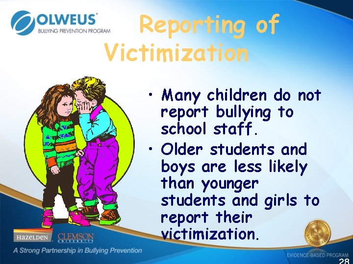 Reporting of Victimization • Many children do not report bullying to school staff. •