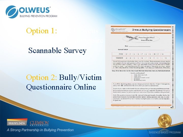 Option 1: The Olweus Bullying Questionnaire Scannable Survey Option 2: Bully/Victim Questionnaire Online 