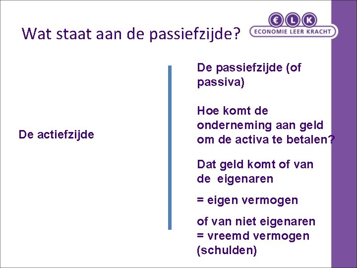 Wat staat aan de passiefzijde? De passiefzijde (of passiva) De actiefzijde Hoe komt de