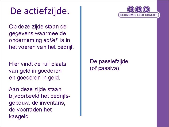De actiefzijde. Op deze zijde staan de gegevens waarmee de onderneming actief is in