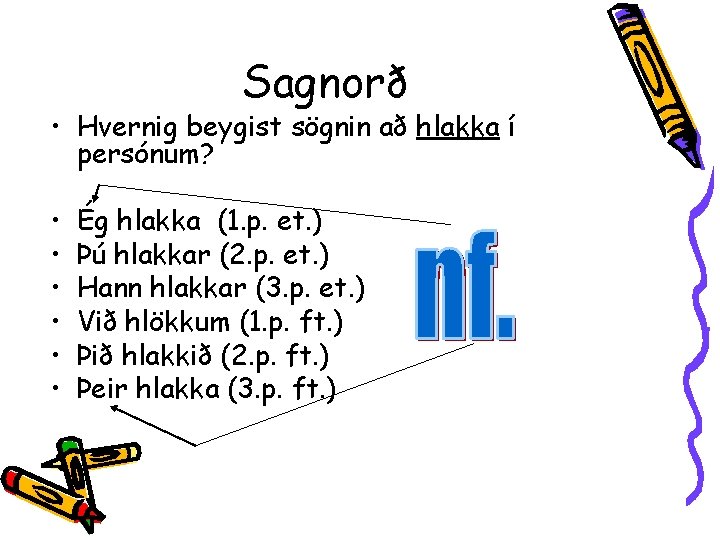 Sagnorð • Hvernig beygist sögnin að hlakka í persónum? • • • Ég hlakka