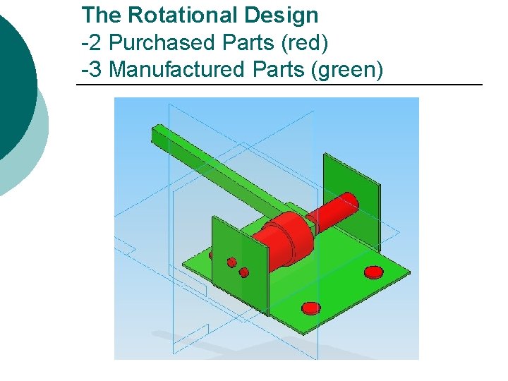 The Rotational Design -2 Purchased Parts (red) -3 Manufactured Parts (green) 