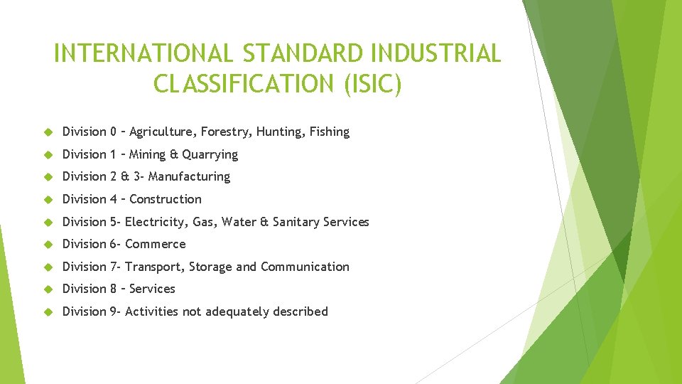 INTERNATIONAL STANDARD INDUSTRIAL CLASSIFICATION (ISIC) Division 0 – Agriculture, Forestry, Hunting, Fishing Division 1