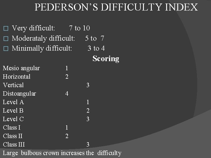  PEDERSON’S DIFFICULTY INDEX Very difficult: 7 to 10 � Moderataly difficult: 5 to