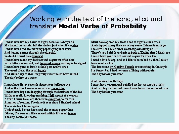 Working with the text of the song, elicit and translate Modal Verbs of Probability