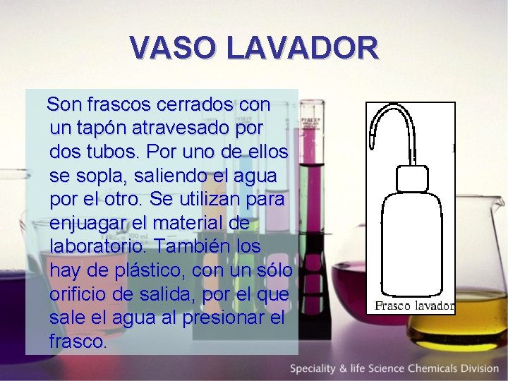 VASO LAVADOR Son frascos cerrados con un tapón atravesado por dos tubos. Por uno