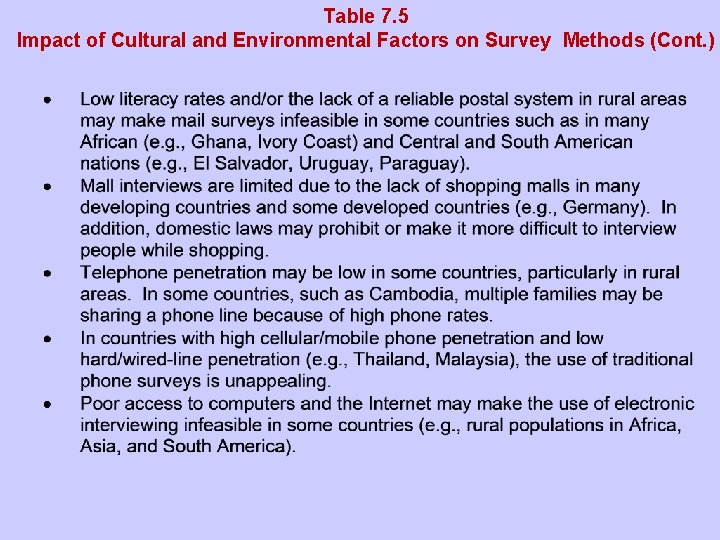 Table 7. 5 Impact of Cultural and Environmental Factors on Survey Methods (Cont. )